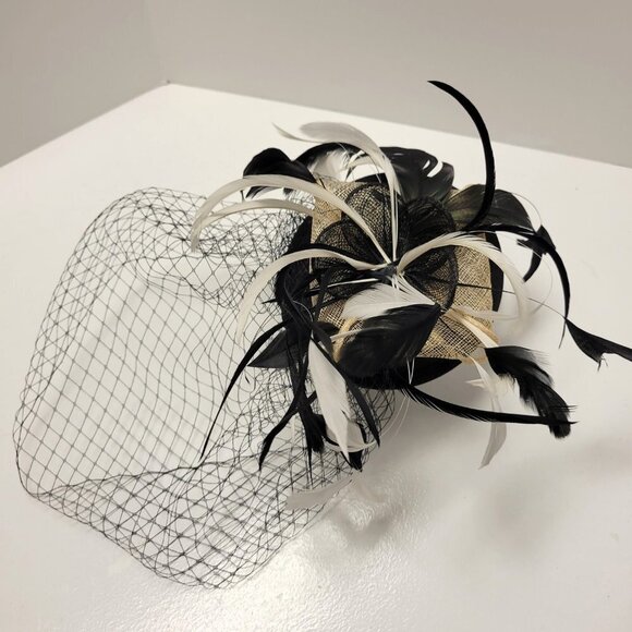 Black Headband Feathers Fascinator with Black netting on Headband - Picture 15 of 15
